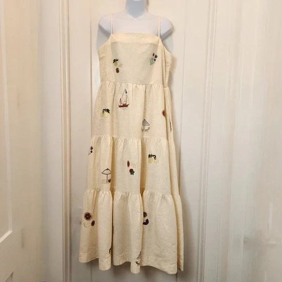 NWT Calypso St Barth Embroidered Linen Maxi Dress L Beach Coast Vacation  Cruise